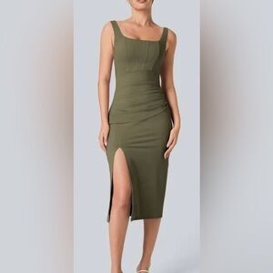 Halara Women’s Olive Green Ruched Midi Dress Sleeveless Stretchy Large